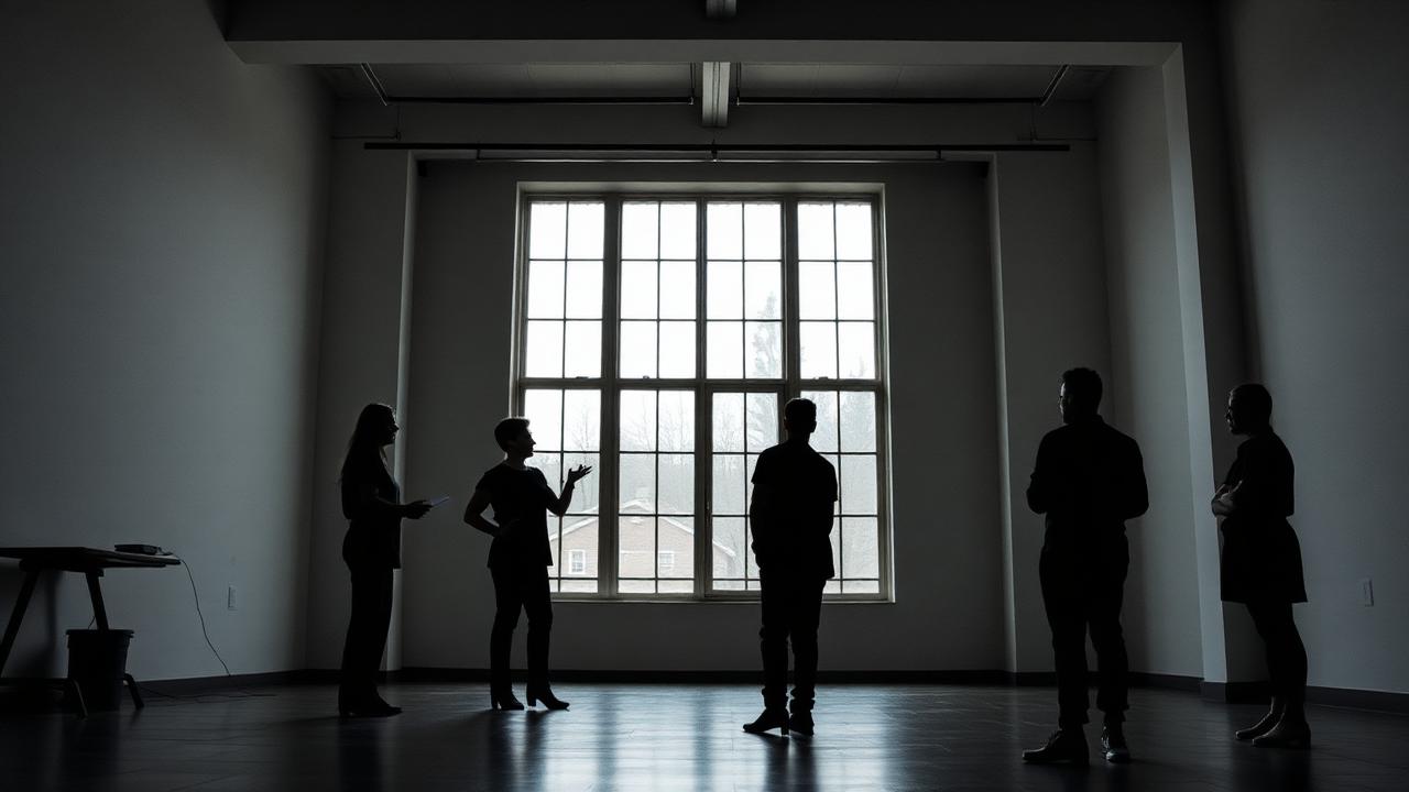 Silhouetted actors rehearsing in a bare studio